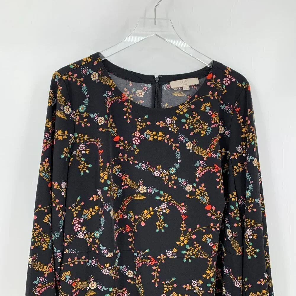 Loft Plus shift dress black dark floral stretch long sleeve flower garland 18